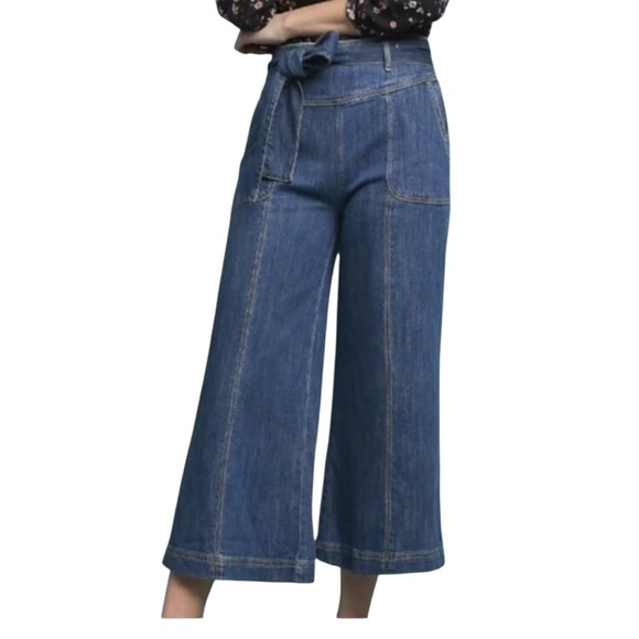 Anthropologie Pilcro Wideleg Crop Jean Drape Denim Belted Highrise Size 27 petit - Picture 1 of 7